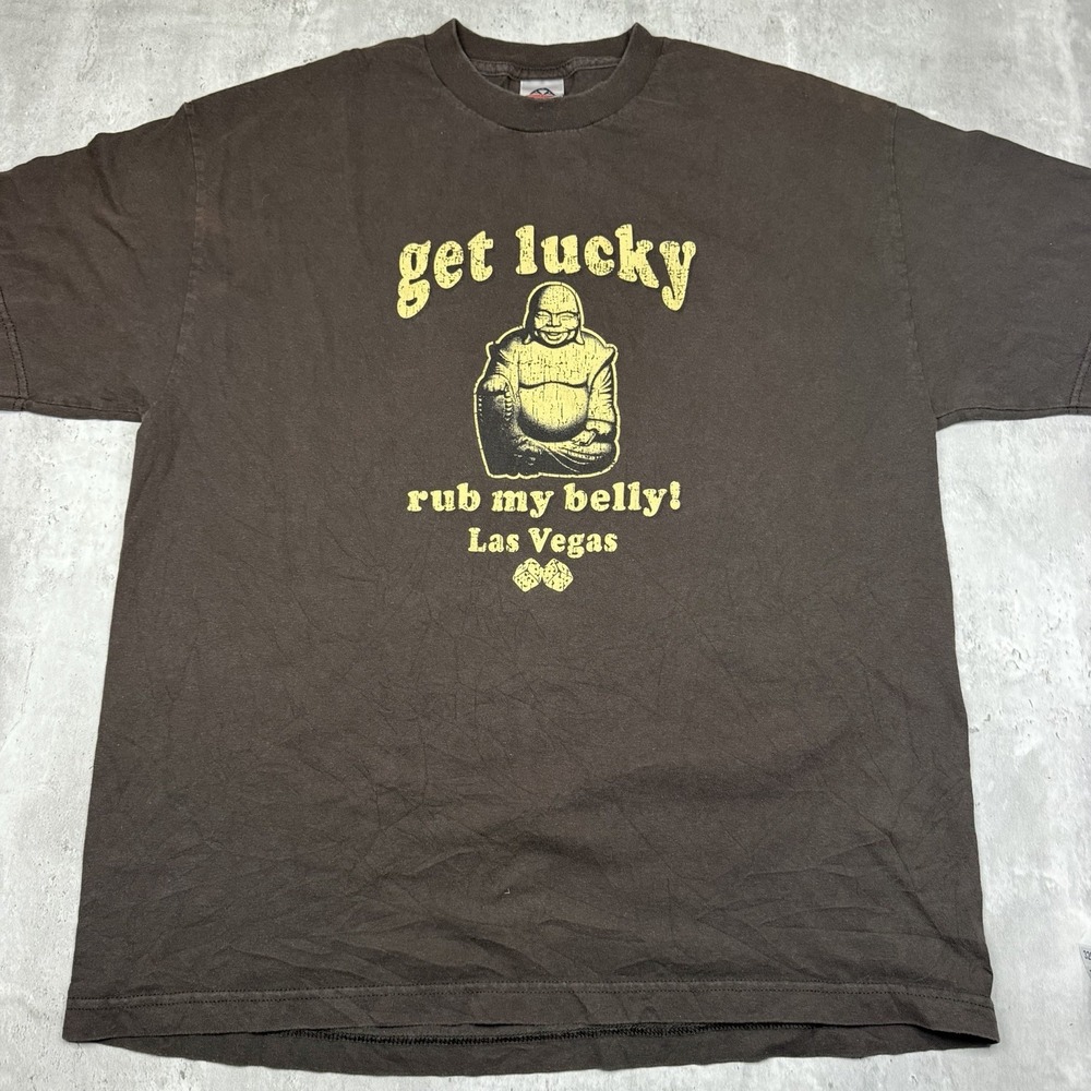 Vintage Las Vegas Get Lucky Buddha Cotton Tee Size XL Brown 90s 00s Faded Shirt